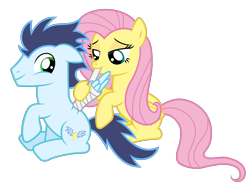 Size: 2143x1594 | Tagged: safe, artist:meandmyideas, fluttershy, soarin', pegasus, pony, bandage, bedroom eyes, female, male, old cutie mark, shipping, simple background, soarinshy, straight, transparent background, vector