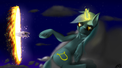 Size: 2560x1440 | Tagged: safe, artist:deviousfate, lyra heartstrings, human, unicorn, cutie mark, hand, humie, lyre, nightime, portal