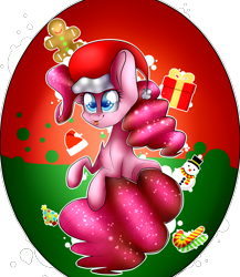 Size: 2203x2539 | Tagged: safe, artist:mandy-sunshine, pinkie pie, pony, candy, candy cane, christmas, christmas tree, food, gingerbread man, high res, present, snowman, solo, tree