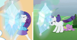 Size: 1268x664 | Tagged: safe, screencap, rarity, spike, dragon, pony, unicorn, better together, equestria girls, rollercoaster of friendship, the ending of the end, angry, comparison, female, force field, geode of shielding, gritted teeth, magic, magical geodes, mare, rarity peplum dress, shield, smoke, winged spike