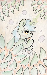 Size: 723x1146 | Tagged: safe, artist:slightlyshade, lyra heartstrings, pony, unicorn, blushing, cookie, leaves, solo, traditional art