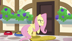 Size: 1280x720 | Tagged: safe, screencap, fluttershy, pegasus, pony, fluttershy leans in, female, mare, plot, pushing, solo