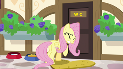 Size: 1280x720 | Tagged: safe, edit, edited screencap, screencap, fluttershy, pegasus, pony, fluttershy leans in, bathroom, solo