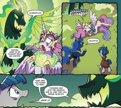 Size: 1091x979 | Tagged: safe, artist:tonyfleecs, idw, pony of shadows, princess celestia, princess luna, stygian, alicorn, pony, unicorn, nightmare knights, spoiler:comic, spoiler:comicnightmareknights01, collar, comic, corrupted, female, first male alicorn, helmet, implied daybreaker, male, mare, official comic, stallion