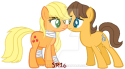 Size: 600x331 | Tagged: safe, artist:superrosey16, applejack, caramel, earth pony, pony, carajack, female, male, shipping, straight, watermark