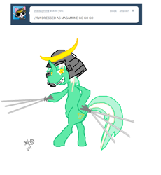 Size: 888x964 | Tagged: safe, lyra heartstrings, pony, ask, bipedal, date masamune, helmet, sengoku basara, solo, sword, tumblr, weapon