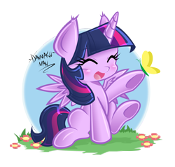 Size: 2630x2500 | Tagged: safe, artist:danmakuman, derpibooru import, twilight sparkle, twilight sparkle (alicorn), alicorn, butterfly, pony, cute, danmakuman is trying to murder us, female, happy, mare, simple background, solo, transparent background, twiabetes, weapons-grade cute