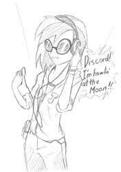 Size: 874x1240 | Tagged: safe, artist:rainbro-brite, dj pon-3, vinyl scratch, human, humanized, ipod, monochrome, solo