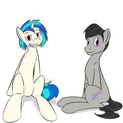 Size: 1280x1280 | Tagged: safe, artist:fuzebox, dj pon-3, octavia melody, octavius, record scrape, vinyl scratch, earth pony, pony, duo, duo male, featureless crotch, grin, male, rule 63, stallion, track spin