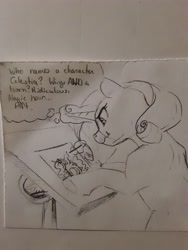 Size: 2448x3264 | Tagged: safe, artist:silfoe, artist:umbreow, rarity, pony, unicorn, commission, drawing, female, magic, mare, monochrome, scrunchy face, sketch, solo, telekinesis, thought bubble, traditional art