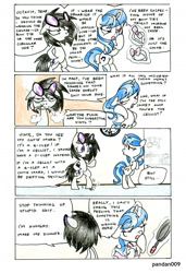 Size: 1011x1480 | Tagged: safe, artist:pandan009, dj pon-3, octavia melody, vinyl scratch, earth pony, pony, alternate hairstyle, apron, bipedal, bowtie, character parody, cigarette, clothes, comic, dressing, female, frying pan, g clef, lesbian, personality swap, role reversal, scratchtavia, shipping, smoking, traditional art, vinyl class, vulgar