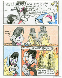 Size: 778x980 | Tagged: safe, artist:pandan009, dj pon-3, octavia melody, vinyl scratch, earth pony, pony, the ponies, comic, fire, my little pony in the sims, scene parody, the sims, traditional art, wub, youtube