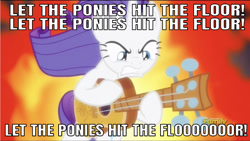 Size: 640x361 | Tagged: safe, edit, edited screencap, editor:undeadponysoldier, screencap, rarity, pony, unicorn, honest apple, angry, badass, bodies, caption, discovery family logo, drowning pool, female, fire, guitar, guitarity, heavy metal, image macro, let the bodies hit the floor, lyrics, mare, musical instrument, parody, solo, song reference, text