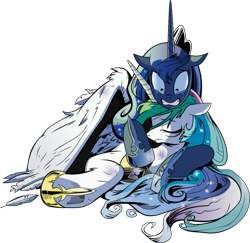 Size: 907x881 | Tagged: safe, artist:andypriceart, idw, princess celestia, princess luna, alicorn, pony, reflections, crying, duo, ethereal mane, female, hoof shoes, hurt/comfort, injured, mare, royal sisters, simple background, sisters, starry mane, transparent background, vector