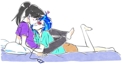 Size: 1204x632 | Tagged: safe, artist:megarexetera, dj pon-3, octavia melody, vinyl scratch, human, alternate hairstyle, barefoot, bed, blushing, eyes closed, feet, female, grin, headphones, heart, humanized, imminent kissing, ipod, leg lock, lesbian, pillow, ponytail, prone, scratchtavia, shipping, simple background, sitting, smiling