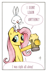 Size: 574x882 | Tagged: safe, artist:halfsparkle, edit, angel bunny, fluttershy, pegasus, pony, fluttershy leans in, ask sex-positive fluttershy, cider, dialogue, hoof hold