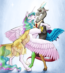 Size: 4000x4500 | Tagged: safe, artist:holka13, derpibooru exclusive, discord, princess celestia, alicorn, draconequus, pony, absurd resolution, clothes, dancing, dislestia, female, male, mare, realistic, shipping, straight