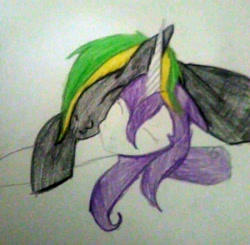 Size: 720x705 | Tagged: safe, artist:orozcomallela, rarity, oc, oc:vermont black, earth pony, pony, unicorn, :3, canon x oc, clothes, female, male, mare, scarfless monty, shipping, sleeping, stallion, traditional art