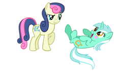 Size: 1024x572 | Tagged: safe, artist:aborrozakale, bon bon, lyra heartstrings, sweetie drops, blushing, bon bon is amused, hoofy-kicks, on back, open mouth, raised eyebrow, raised hoof, simple background, smiling, transparent background, vector