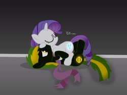 Size: 2048x1536 | Tagged: dead source, safe, artist:rogelio, rarity, oc, oc:vermont black, earth pony, pony, unicorn, base used, canon x oc, clothes, couple, female, glowing cutie mark, lying on top of someone, male, mare, scarf, shipping, stallion