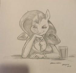 Size: 2048x1978 | Tagged: safe, artist:baron engel, rarity, anthro, unguligrade anthro, unicorn, breasts, cleavage, female, pencil drawing, raritits, solo, traditional art