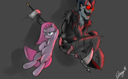 Size: 1280x800 | Tagged: safe, artist:starykrow, pinkie pie, earth pony, pony, armpits, clothes, crossover, death note, ear piercing, earring, glowing eyes, jewelry, pants, piercing, pinkamena diane pie, red eyes, ryuk, scythe, shinigami, shirt