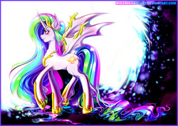 Size: 4092x2893 | Tagged: safe, artist:minamikoboyasy, princess celestia, alicorn, bat pony, pony, curved horn, fangs, female, horn, race swap, solo, wings