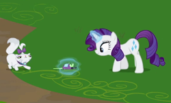 Size: 580x350 | Tagged: safe, screencap, opalescence, rarity, pony, unicorn, may the best pet win, cropped, female, magic, magic aura, mare, mouse toy, toy