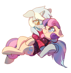Size: 752x776 | Tagged: safe, artist:mewball, bon bon, lyra heartstrings, sweetie drops, earth pony, pony, unicorn, adorabon, blushing, clothes, couple, cuddling, cute, female, floppy ears, lesbian, looking at each other, lyrabetes, lyrabon, on back, romantic, shipping, simple background, sitting, smiling, snuggling, stars, sweater, transparent background, underhoof