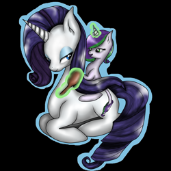 Size: 1024x1024 | Tagged: safe, artist:lunaapple, rarity, oc, oc:diamond heart, dracony, hybrid, pony, unicorn, black background, female, foal, hairbrush, interspecies offspring, lying down, magic, missing cutie mark, mother and child, mother and daughter, offspring, parent and child, parent:rarity, parent:spike, parents:sparity, simple background