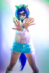 Size: 1080x1620 | Tagged: safe, artist:sequinsupernova, dj pon-3, vinyl scratch, human, belly button, cosplay, irl, irl human, photo, solo