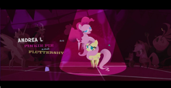 Size: 1366x706 | Tagged: safe, screencap, applejack, discord, fluttershy, gummy, lix spittle, pinkie pie, princess celestia, pony, my little pony: the movie, credits, lidded eyes, parrot pirates, pirate, pointy ponies, spotlight