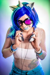 Size: 1080x1620 | Tagged: safe, artist:sequinsupernova, dj pon-3, vinyl scratch, human, belly button, cosplay, irl, irl human, photo, solo