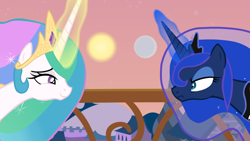 Size: 1280x720 | Tagged: safe, artist:forgalorga, princess celestia, princess luna, alicorn, pony, angry, balcony, cute, female, looking at each other, mare, moon, royal sisters, sisters, sun, sun vs moon, trollestia, tumblr