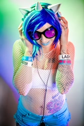 Size: 1080x1620 | Tagged: safe, artist:sequinsupernova, dj pon-3, vinyl scratch, human, belly button, cosplay, irl, irl human, photo, solo