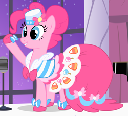 Size: 3327x3017 | Tagged: safe, artist:wolfie-blitz, pinkie pie, pony, clothes, dress, gala dress, high res, microphone, smiling, solo