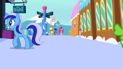 Size: 1280x720 | Tagged: safe, derpibooru import, screencap, applejack, fluttershy, minuette, pinkie pie, rainbow dash, twilight sparkle, unicorn twilight, earth pony, pegasus, pony, unicorn, games ponies play, bag, female, mare, train, walking