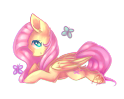 Size: 1024x825 | Tagged: safe, artist:prettyshinegp, fluttershy, butterfly, pegasus, pony, chibi, female, folded wings, looking at you, looking sideways, mare, profile, prone, simple background, solo, transparent background