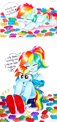 Size: 797x1719 | Tagged: safe, artist:liaaqila, derpibooru import, edit, rainbow dash, pegasus, pony, equestria girls, challenge accepted, clothes, cute, daaaaaaaaaaaw, dashabetes, dialogue, eyes closed, fail, female, hug, human ponidox, lego, liaaqila is trying to murder us, lying down, mare, open mouth, self ponidox, shoes, shorts, sitting, smiling, speech bubble, tempting fate, text, traditional art, unamused