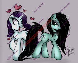 Size: 960x778 | Tagged: safe, artist:ponygoddess, rarity, oc, oc:sappho, pony, unicorn, canon x oc, choker, female, in love, lesbian, obtrusive watermark, watermark