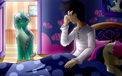 Size: 3200x2000 | Tagged: safe, artist:vavacung, bon bon, lyra heartstrings, sweetie drops, oc, oc:anon, oc:generic messy hair anime anon, earth pony, human, unicorn, bed, crying, human in equestria, pillow, sleeping