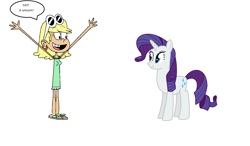 Size: 1946x1136 | Tagged: safe, artist:theawesomeguy98201, rarity, human, pony, unicorn, crossover, hands up, happy, leni loud, simple background, speech bubble, the loud house, white background