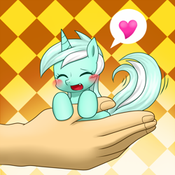 Size: 1000x1000 | Tagged: safe, artist:hashioaryut, lyra heartstrings, human, pony, unicorn, blushing, cute, cute little fangs, eyes closed, fangs, female, hand, hand fetish, happy, heart, humie, in goliath's palm, lyrabetes, pixiv, solo, tail wag, that pony sure does love hands, tiny ponies