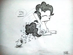 Size: 4160x3120 | Tagged: safe, artist:kimjoman, pinkie pie, earth pony, pony, season 7, absurd resolution, arms in the air, confetti, countdown, countdown to season 7, cute, female, flying, monochrome, party cannon, pony cannonball, smiling, solo, traditional art