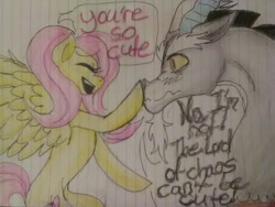 Size: 1600x1200 | Tagged: safe, artist:jucupcake90, discord, fluttershy, pegasus, pony, discoshy, female, lined paper, male, shipping, straight, traditional art
