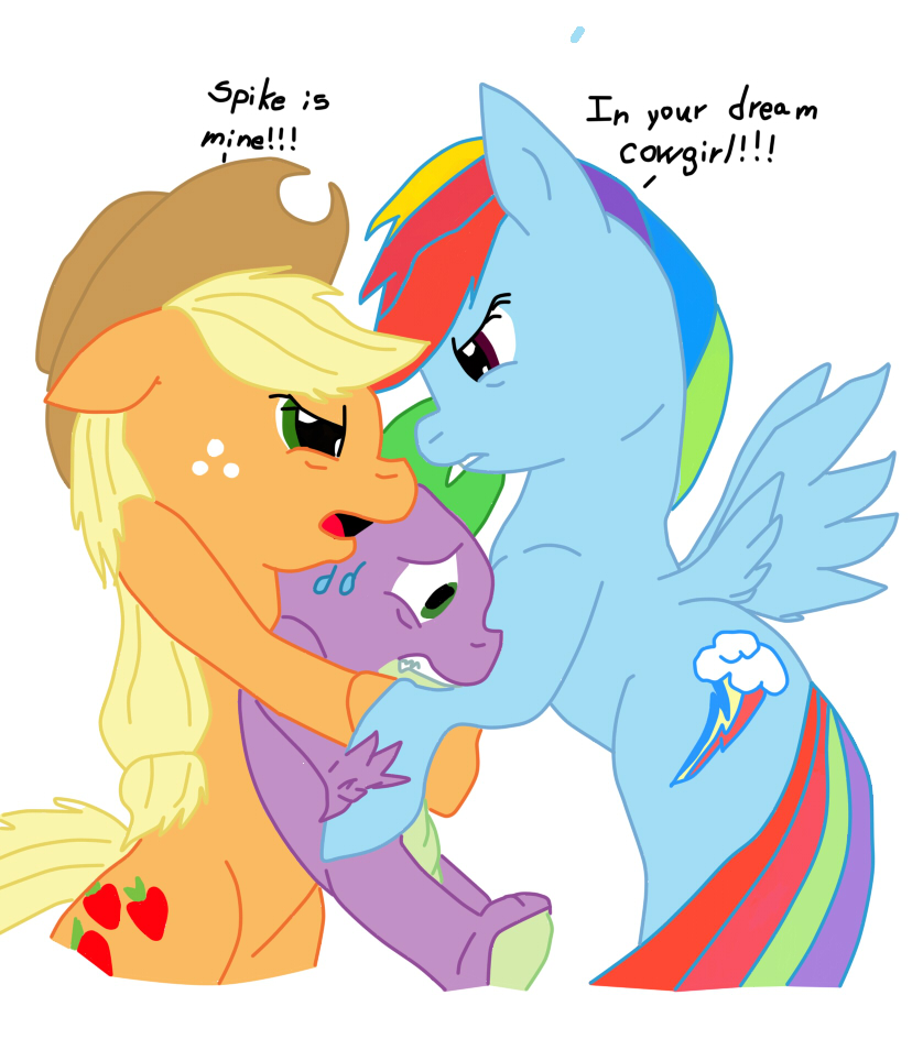 1632678 - safe, artist:dawnfelix, derpibooru import, applejack, rainbow dash,  spike, dragon, earth pony, pegasus, pony, angry, applespike,  applespikedash, bisexual, female, fight, male, polyamory, rainbowspike,  remake, shipping, spike gets all the ...