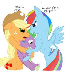 Size: 838x954 | Tagged: safe, artist:dawnfelix, derpibooru import, applejack, rainbow dash, spike, dragon, earth pony, pegasus, pony, angry, applespike, applespikedash, bisexual, female, fight, male, polyamory, rainbowspike, remake, shipping, spike gets all the mares, straight