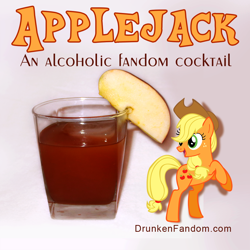 Size: 1000x1000 | Tagged: safe, applejack, earth pony, pony, alcohol, apple, cocktail, drink, food, recipe in source, solo