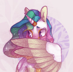 Size: 528x518 | Tagged: safe, artist:ipoloarts, princess celestia, alicorn, pony, blushing, colored wings, covered face, cute, cutelestia, female, horn ring, mare, missing accessory, no pupils, solo, watercolor painting