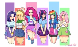 Size: 2560x1536 | Tagged: safe, artist:mapachiart, derpibooru import, applejack, fluttershy, pinkie pie, rainbow dash, rarity, twilight sparkle, human, equestria girls, cutie mark skirt, digital art, humane five, humane six